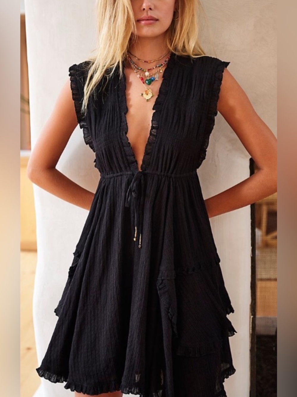 Free People Antoinette Mini Endless Summer Sleeveless Ruffle Dress Tiered size L